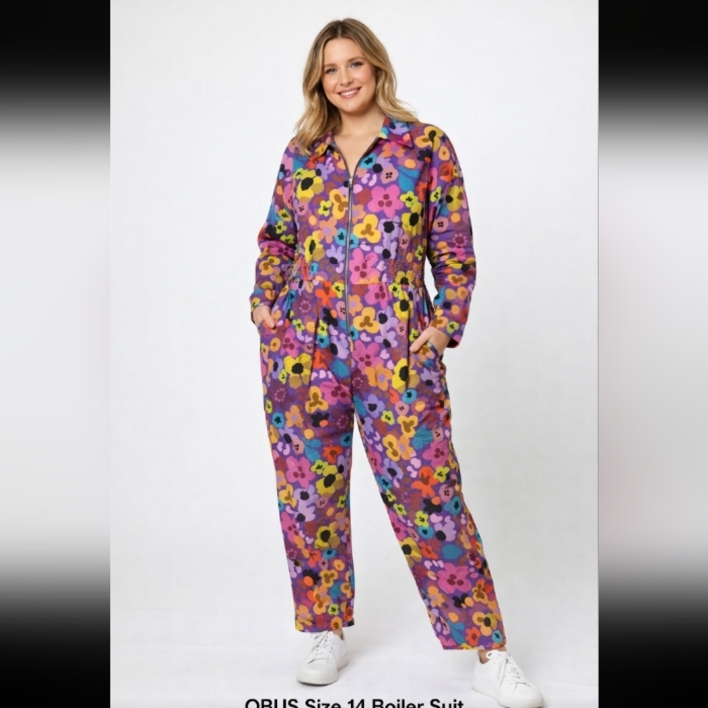 OBUS Floral Boiler Suit Jumpsuit Sz 14 Retro‎ Artsy Zip Front One-Piece Colorful